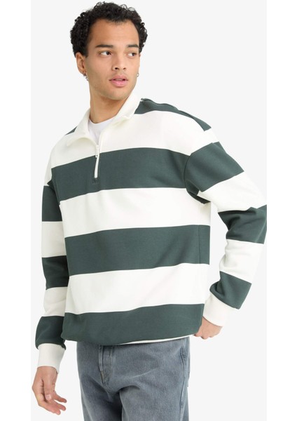 Boxy Fit Dik Yaka Yarım Fermuarlı Çizgili Sweatshirt F4640AX25AU