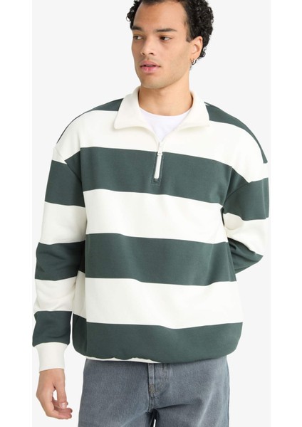 Boxy Fit Dik Yaka Yarım Fermuarlı Çizgili Sweatshirt F4640AX25AU