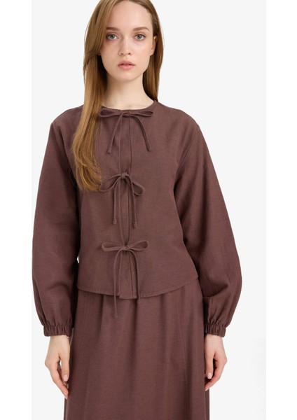 Relax Fit Önden Bağlamalı Keten Uzun Kollu Tesettür Bluz