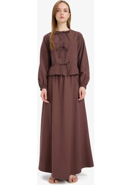 Relax Fit Önden Bağlamalı Keten Uzun Kollu Tesettür Bluz