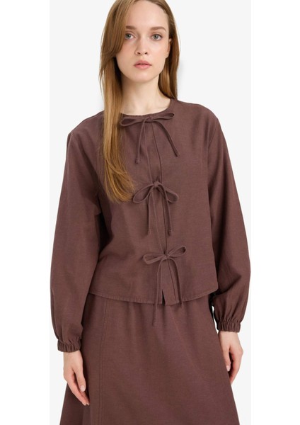 Relax Fit Önden Bağlamalı Keten Uzun Kollu Tesettür Bluz