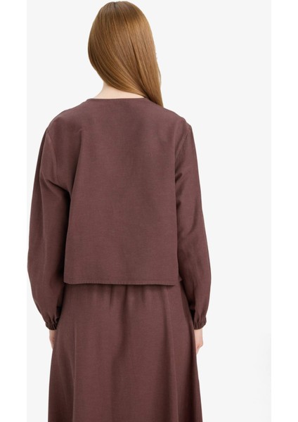 Relax Fit Önden Bağlamalı Keten Uzun Kollu Tesettür Bluz