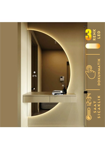 LED Işıklı Yarım Daire Tasarım Banyo ve Konsol Aynası – Modern ve Şık Dekoratif Görünüm