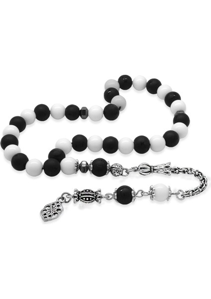 Kararmaz Metal Arnavut Püskül Küre Kesim Siyah Beyaz Jade Oniks Doğaltaş Taraftar Tesbih M2