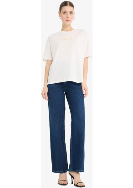 Relax Fit Bisiklet Yaka Aplike Baskılı Penye Kısa Kollu Tişört