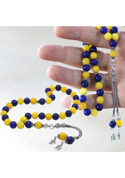 925 Ayar Gümüş Isme Özel Harf Püsküllü Küre Kesim Sarı Lacivert Jade Doğaltaş Taraftar Tesbih fiyatları