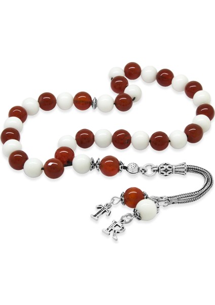 925 Ayar Gümüş Isme Özel Harf Püsküllü Küre Kesim Kırmızı Beyaz Jade Akik Doğaltaş Taraftar Tesbih