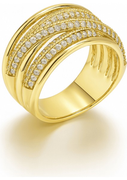 Kadın Xuping Çelik Yüzük - Örgü Model - Beyaz Zirkon Taşlı - Altın Renk - 19 Ölçü