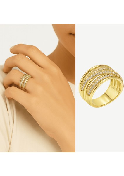 Kadın Xuping Çelik Yüzük - Örgü Model - Beyaz Zirkon Taşlı - Altın Renk - 19 Ölçü fiyatları