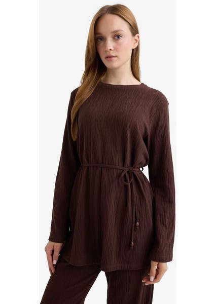 Regular Fit Bisiklet Yaka Bağlamalı Uzun Kollu Tunik