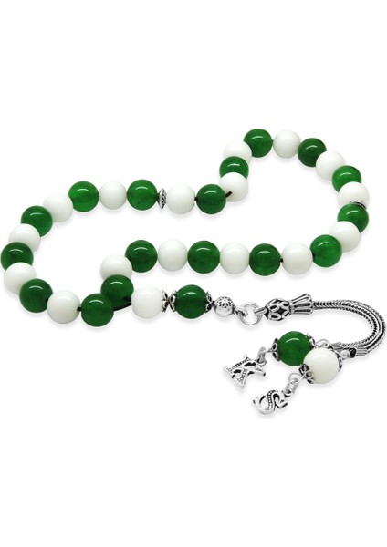 925 Ayar Gümüş Isme Özel Harf Püsküllü Küre Kesim Yeşil Beyaz Jade Doğaltaş Taraftar Tesbih