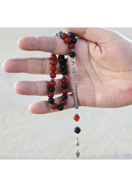 925 Ayar Gümüş Püsküllü Küre Kesim Isme Özel Kırmızı Siyah Oniks Akik Doğaltaş Taraftar Tesbih fırsatları