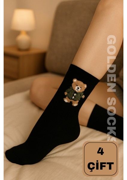 4 Çift Ayıcık Desenli Pamuklu Çorap, Kadın Renkli Kolej Çorap