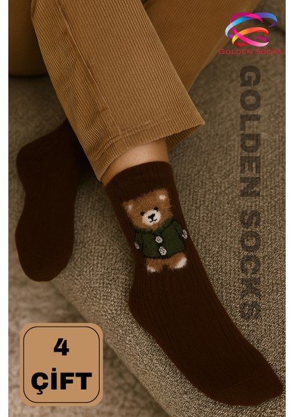 4 Çift Ayıcık Desenli Pamuklu Çorap, Kadın Renkli Kolej Çorap modelleri