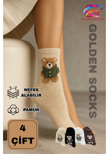 4 Çift Ayıcık Desenli Pamuklu Çorap, Kadın Renkli Kolej Çorap fırsatları