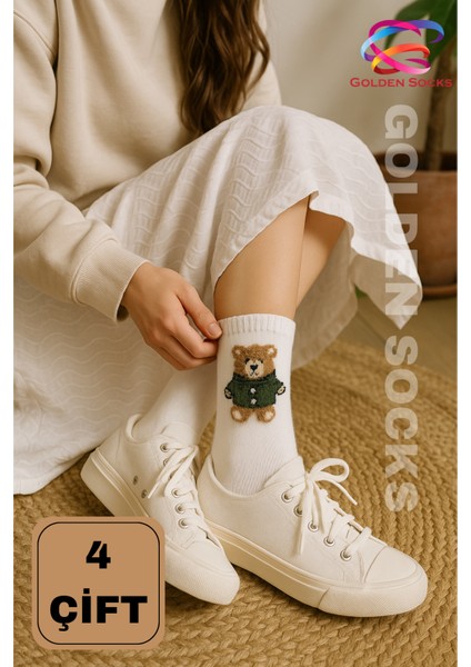 4 Çift Ayıcık Desenli Pamuklu Çorap, Kadın Renkli Kolej Çorap