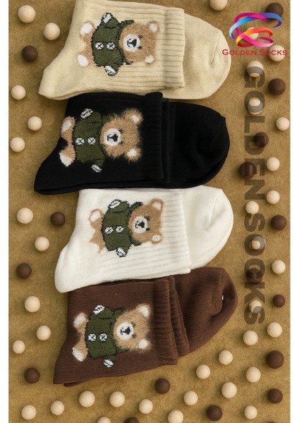 4 Çift Ayıcık Desenli Pamuklu Çorap, Kadın Renkli Kolej Çorap