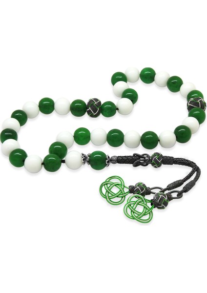 1000 Ayar Gümüş Kazaz Püsküllü Küre Kesim Yeşil Beyaz Jade Doğaltaş Taraftar Tesbih