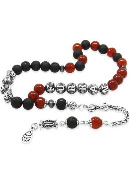 Kararmaz Metal Arnavut Püskül Küre Kesim Isme Özel Kırmızı Siyah Oniks Akik Doğaltaş Taraftar Tesbih