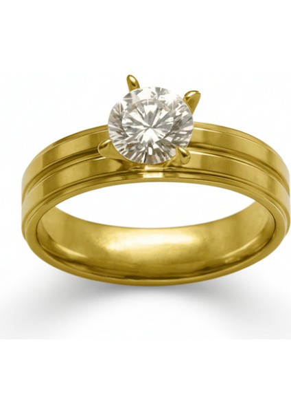 Altın Renk Zirkon Taşlı V Tasarım 316L Kalite Paslanmaz Çelik Kadın Tektaş Yüzük - 25 Ölçü