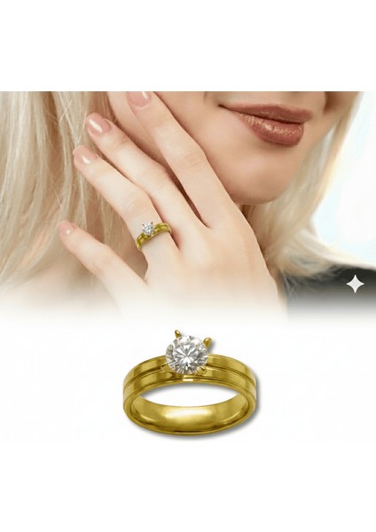 Altın Renk Zirkon Taşlı V Tasarım 316L Kalite Paslanmaz Çelik Kadın Tektaş Yüzük - 25 Ölçü fiyatları