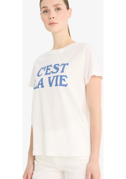 Regular Fit Bisiklet Yaka Baskılı Penye Kısa Kollu Tişört