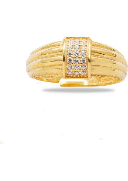 Zirkon Taşlı Dikdörtgen Detaylı Altın Renk Ayarlanabilir Ölçü 925 Ayar Gümüş Kadın Yüzük