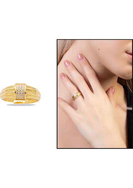 Zirkon Taşlı Dikdörtgen Detaylı Altın Renk Ayarlanabilir Ölçü 925 Ayar Gümüş Kadın Yüzük fiyatları