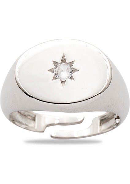 Beyaz Zirkon Taşlı Yıldız Detaylı Gümüş Renk Ayarlanabilir Ölçü 925 Ayar Gümüş Kadın Tektaş Yüzük