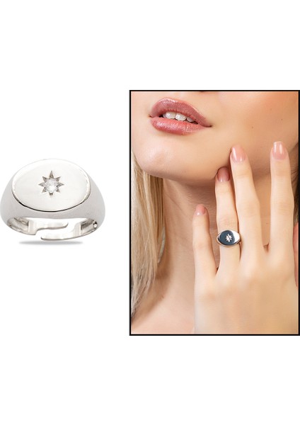 Beyaz Zirkon Taşlı Yıldız Detaylı Gümüş Renk Ayarlanabilir Ölçü 925 Ayar Gümüş Kadın Tektaş Yüzük fiyatları