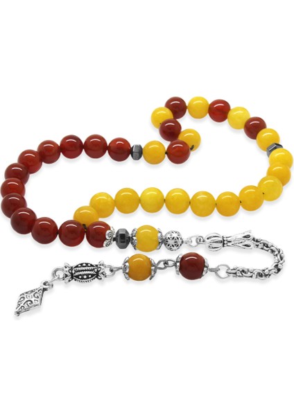 Kararmaz Metal Arnavut Zincir Püsküllü Küre Kesim Sarı Kırmızı Jade Akik Doğaltaş Taraftar Tesbih M2