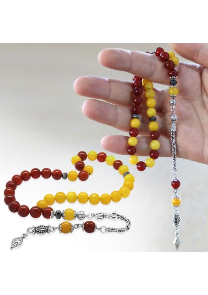 Kararmaz Metal Arnavut Zincir Püsküllü Küre Kesim Sarı Kırmızı Jade Akik Doğaltaş Taraftar Tesbih M2 fiyatları