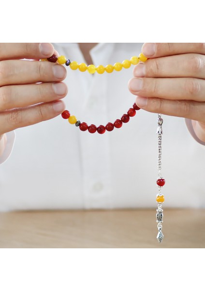 Kararmaz Metal Arnavut Zincir Püsküllü Küre Kesim Sarı Kırmızı Jade Akik Doğaltaş Taraftar Tesbih M2 modelleri