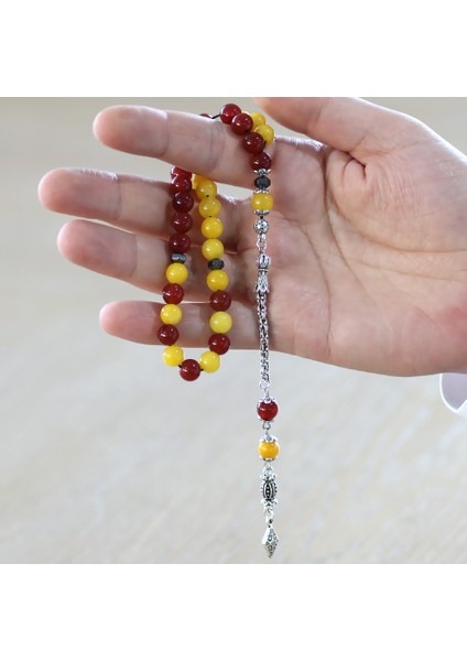 Kararmaz Metal Arnavut Zincir Püsküllü Küre Kesim Sarı Kırmızı Jade Akik Doğaltaş Taraftar Tesbih M2 fırsatları