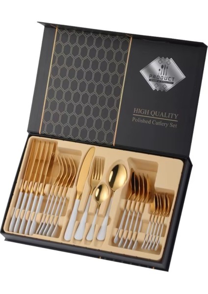 Premium 304 Paslanmaz Çelik 24 Parça Çatal Kaşık Bıçak Takımı – 6 Kişilik Sofra Seti Beyaz Renk