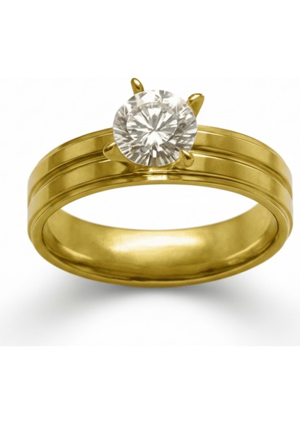 Altın Renk Zirkon Taşlı V Tasarım 316L Kalite Paslanmaz Çelik Kadın Tektaş Yüzük - 18 Ölçü