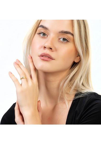 Beyaz Zirkon Taşlı Merdiven Tasarım Altın Renk Ayarlanabilir Ölçü 925 Ayar Gümüş Kadın Yüzük modelleri