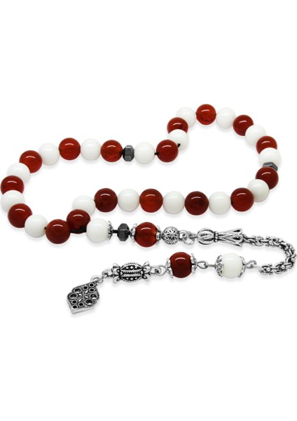 Kararmaz Metal Arnavut Püsküllü Küre Kesim Kırmızı Beyaz Jade Akik Doğaltaş Taraftar Tesbih M1