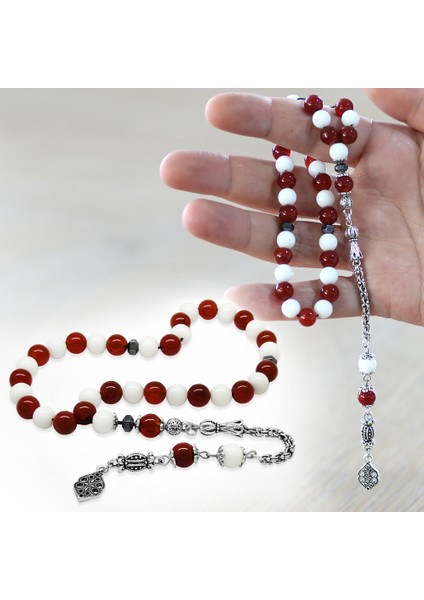 Kararmaz Metal Arnavut Püsküllü Küre Kesim Kırmızı Beyaz Jade Akik Doğaltaş Taraftar Tesbih M1 fiyatları