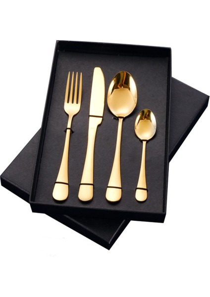 Premium Paslanmaz Çelik 4 Parça Çatal Kaşık Bıçak Takımı – 1 Kişilik Sofra Seti Altın Renk