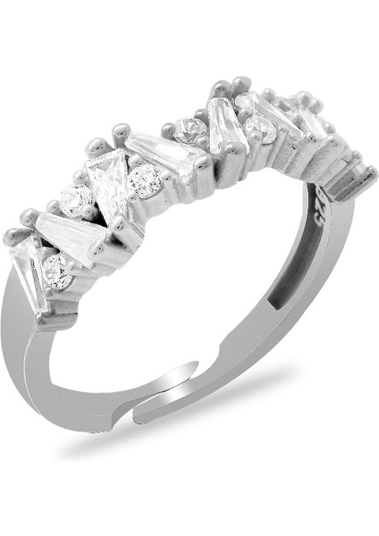 Beyaz Zirkon Taşlı Asimetrik Tasarım Gümüş Renk Ayarlanabilir Ölçü 925 Ayar Gümüş Kadın Yüzük