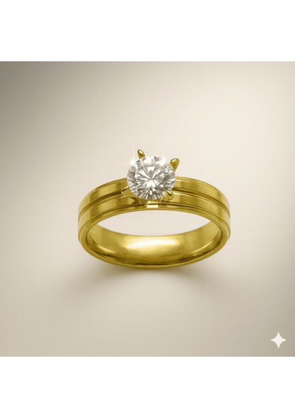 Altın Renk Zirkon Taşlı V Tasarım 316L Kalite Paslanmaz Çelik Kadın Tektaş Yüzük - 25 Ölçü fırsatları