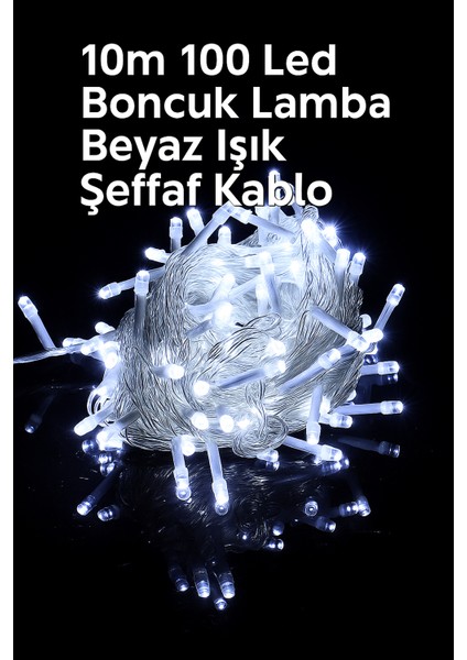 10 Metre 100 LED Boncuk Lamba - Beyaz Işık, Şeffaf Kablo ve Dekoratif Aydınlatma