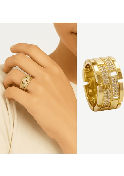 Kadın Xuping Çelik Yüzük - Greek Desenli - Beyaz Zirkon Taşlı - Altın Renk - 12 Ölçü fiyatları