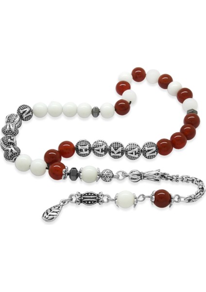 Kararmaz Metal Arnavut Püskül Küre Kesim Isme Özel Kırmızı Beyaz Jade Akik Doğaltaş Taraftar Tesbih