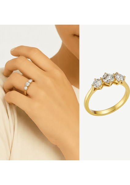 Kadın Xuping Çelik Tria Yüzük - Beyaz Zirkon Taşlı - Altın Renk - 14 Ölçü fiyatları