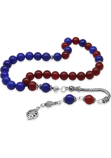 925 Ayar Gümüş Püsküllü Küre Kesim Bordo Mavi Jade Doğaltaş Taraftar Tesbih