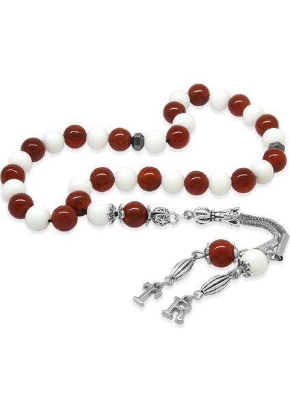 Kararmaz Metal Isme Özel Harf Püsküllü Küre Kesim Kırmızı Beyaz Jade Akik Doğaltaş Taraftar Tesbih