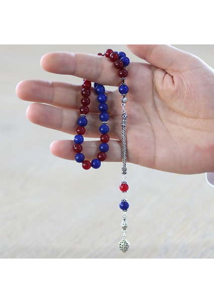 925 Ayar Gümüş Püsküllü Küre Kesim Bordo Mavi Jade Doğaltaş Taraftar Tesbih fırsatları