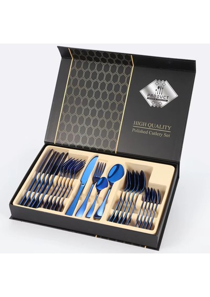 Premium 304 Paslanmaz Çelik 24 Parça Çatal Kaşık Bıçak Takımı – 6 Kişilik Sofra Seti Mavi Renk